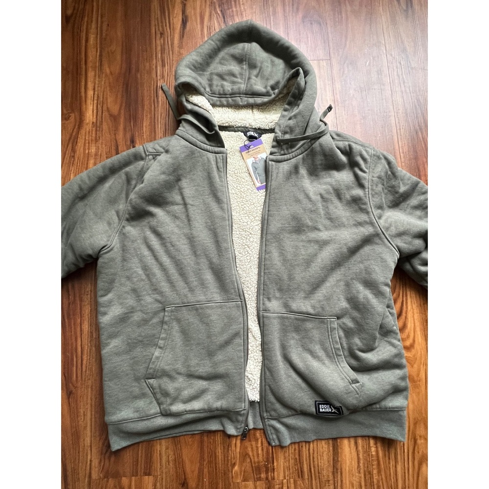 Eddie Bauer Faux Shearling Lined Hoodie Mens XXL Green NWT Full Zip Sweatshirt